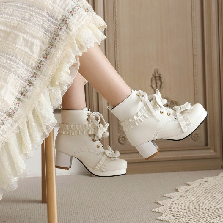 Booties Lolita Lace-Up Bows Block Chunky Heel Platform Short Boots for Women