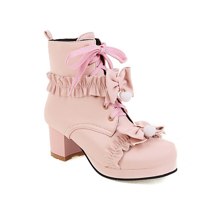 Booties Lolita Lace-Up Bows Block Chunky Heel Platform Short Boots for Women