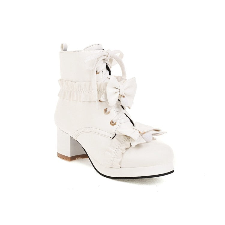 Booties Lolita Lace-Up Bows Block Chunky Heel Platform Short Boots for Women