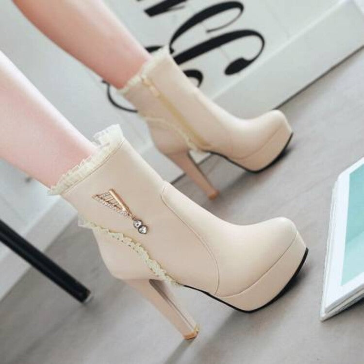 Booties Lace Rhinestone Side Zippers Block Chunky Heel Platform Short Boots for Women