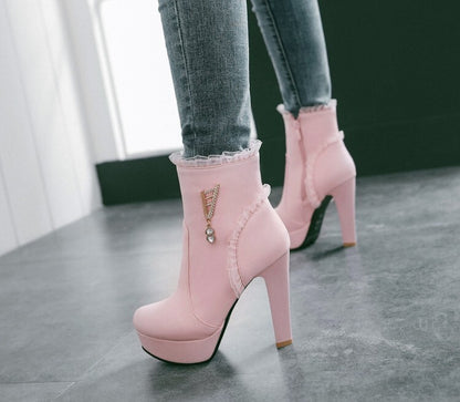 Booties Lace Rhinestone Side Zippers Block Chunky Heel Platform Short Boots for Women