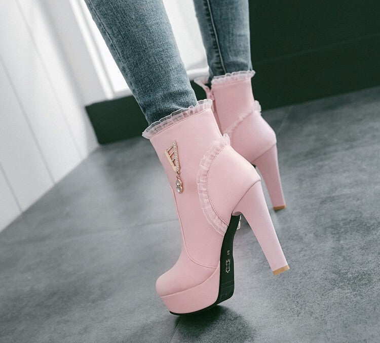 Booties Lace Rhinestone Side Zippers Block Chunky Heel Platform Short Boots for Women