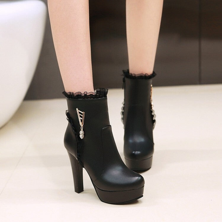 Booties Lace Rhinestone Side Zippers Block Chunky Heel Platform Short Boots for Women