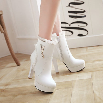 Booties Lace Rhinestone Side Zippers Block Chunky Heel Platform Short Boots for Women