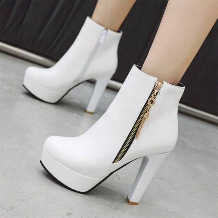 Booties Side Zippers Block Chunky Heel Platform Short Boots for Women