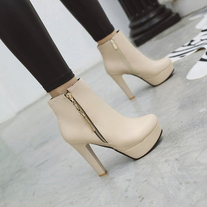 Booties Side Zippers Block Chunky Heel Platform Short Boots for Women