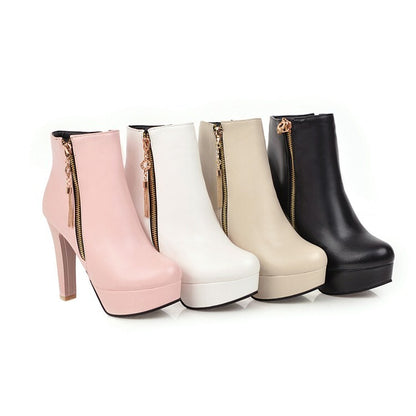 Booties Side Zippers Block Chunky Heel Platform Short Boots for Women