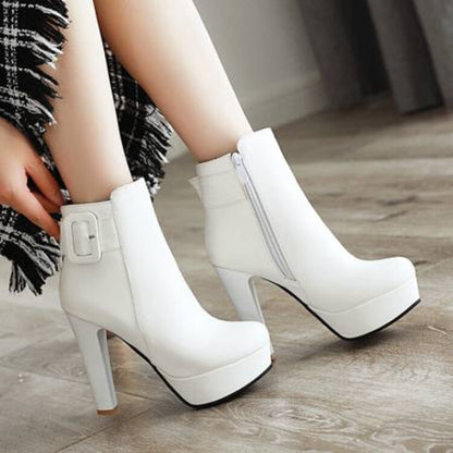 Booties Side Zippers Square Buckles Block Chunky Heel Platform Short Boots for Women