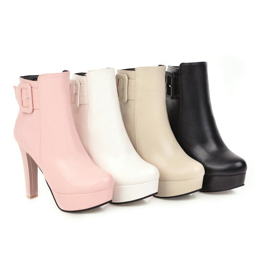 Booties Side Zippers Square Buckles Block Chunky Heel Platform Short Boots for Women