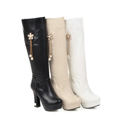 Round Toe Pearls Flowers Spool Heel Platform Knee High Boots for Women