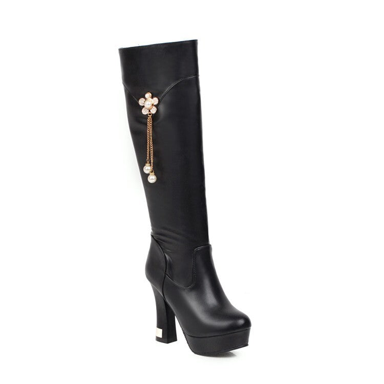 Round Toe Pearls Flowers Spool Heel Platform Knee High Boots for Women