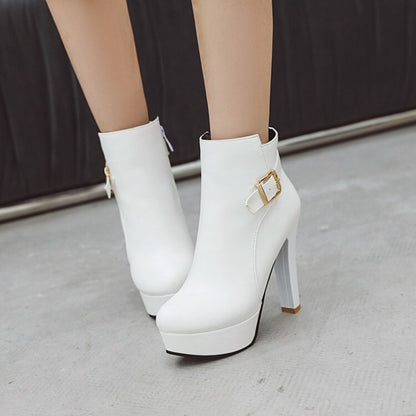 Booties Buckle Straps Block Chunky Heel Platform Short Boots for Women