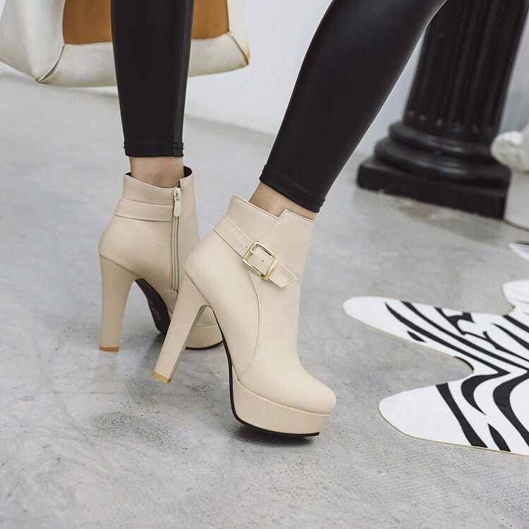 Booties Buckle Straps Block Chunky Heel Platform Short Boots for Women