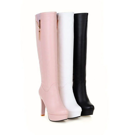 Round Toe Tassel Block Chunky Heel Platform Knee High Boots for Women