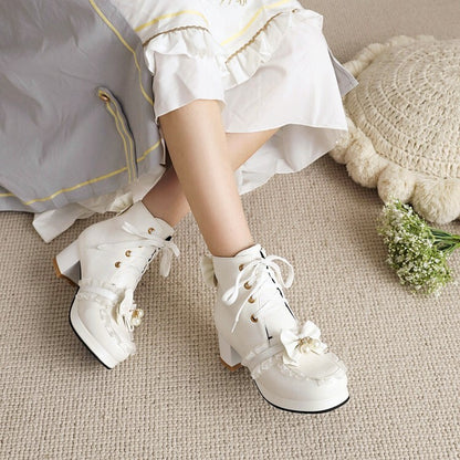 Booties Lolita Lace Bows Block Chunky Heel Platform Short Boots for Women