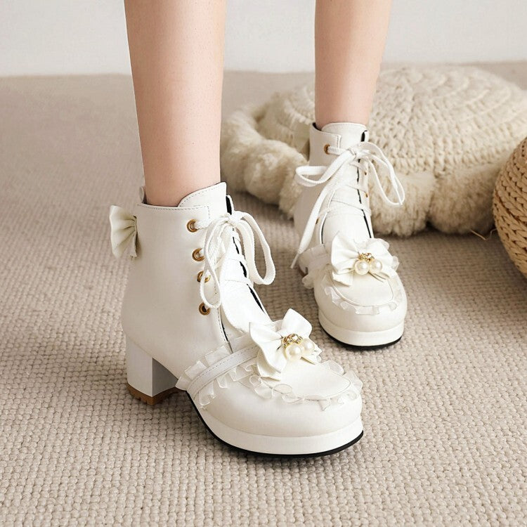 Booties Lolita Lace Bows Block Chunky Heel Platform Short Boots for Women