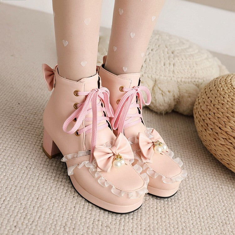 Booties Lolita Lace Bows Block Chunky Heel Platform Short Boots for Women