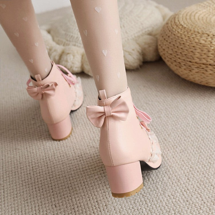 Booties Lolita Lace Bows Block Chunky Heel Platform Short Boots for Women