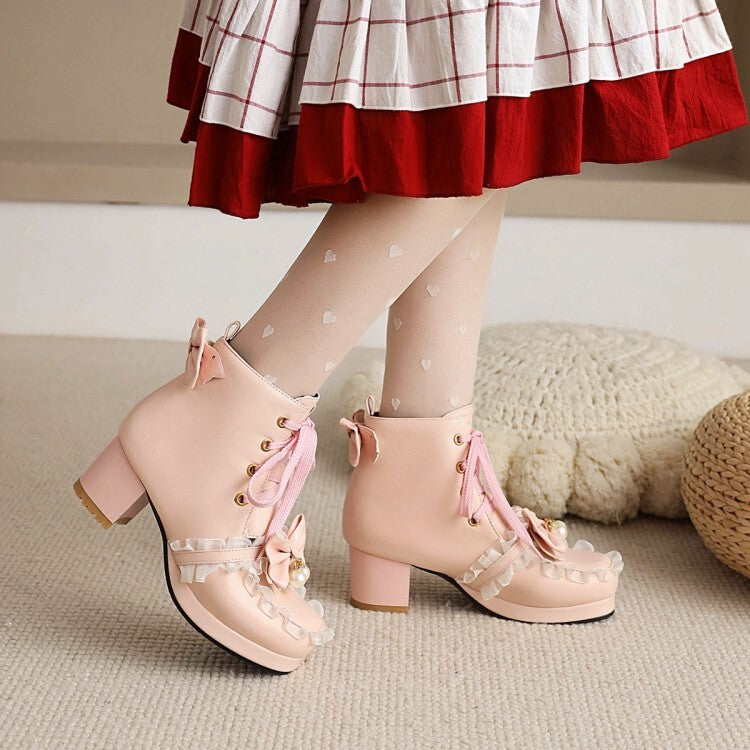 Booties Lolita Lace Bows Block Chunky Heel Platform Short Boots for Women