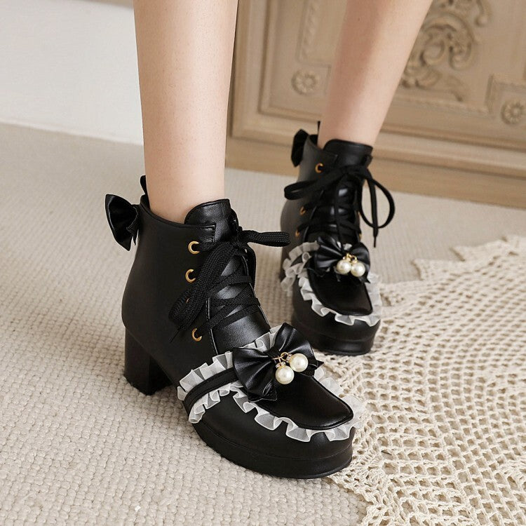 Booties Lolita Lace Bows Block Chunky Heel Platform Short Boots for Women