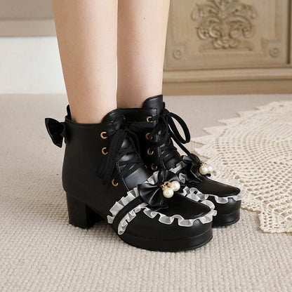 Booties Lolita Lace Bows Block Chunky Heel Platform Short Boots for Women