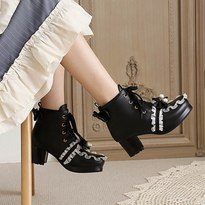 Booties Lolita Lace Bows Block Chunky Heel Platform Short Boots for Women