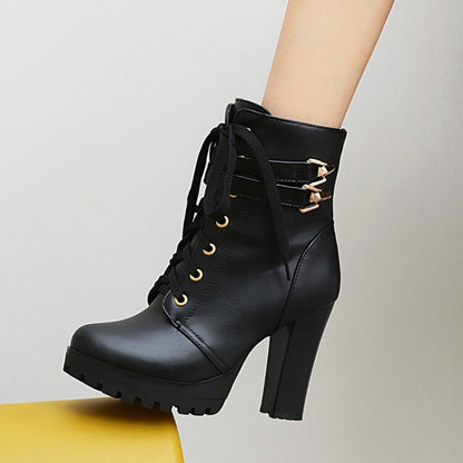 Booties Buckles Lace-Up Block Chunky Heel Platform Short Boots for Women