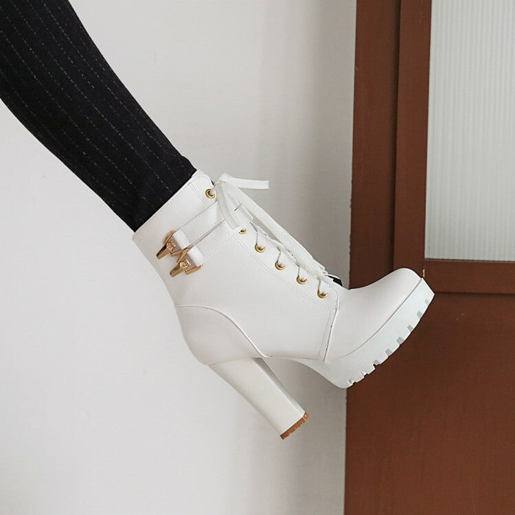 Booties Buckles Lace-Up Block Chunky Heel Platform Short Boots for Women