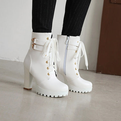 Booties Buckles Lace-Up Block Chunky Heel Platform Short Boots for Women