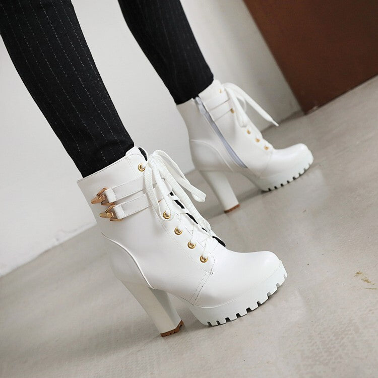 Booties Buckles Lace-Up Block Chunky Heel Platform Short Boots for Women