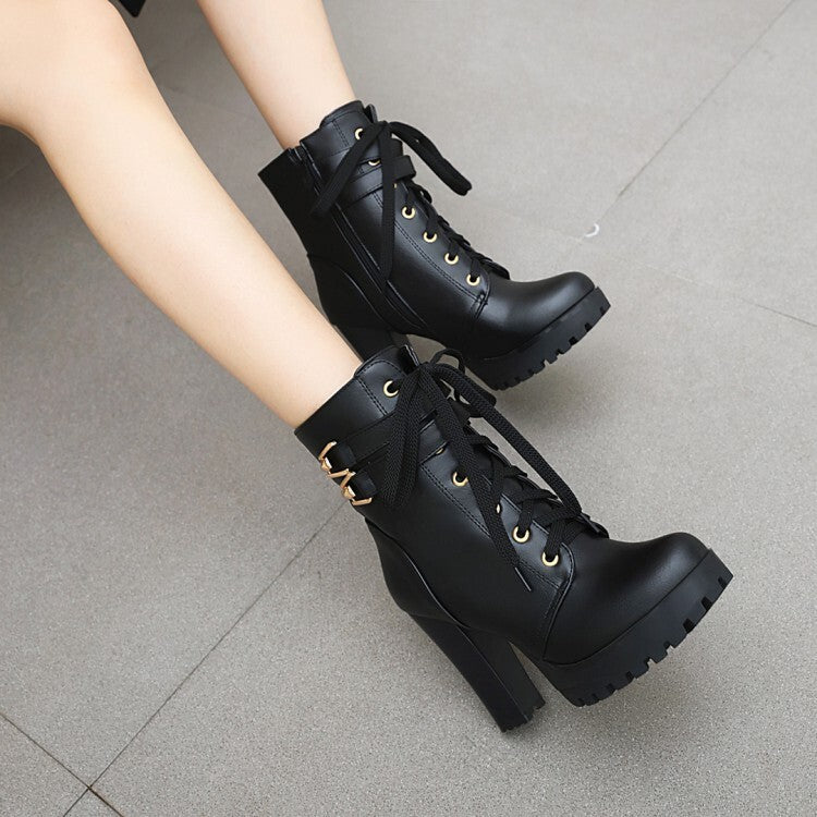 Booties Buckles Lace-Up Block Chunky Heel Platform Short Boots for Women