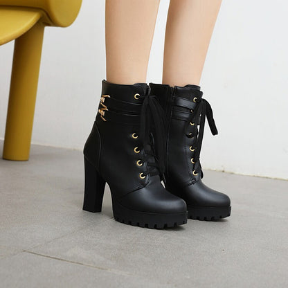 Booties Buckles Lace-Up Block Chunky Heel Platform Short Boots for Women