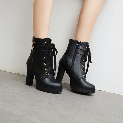 Booties Buckles Lace-Up Block Chunky Heel Platform Short Boots for Women