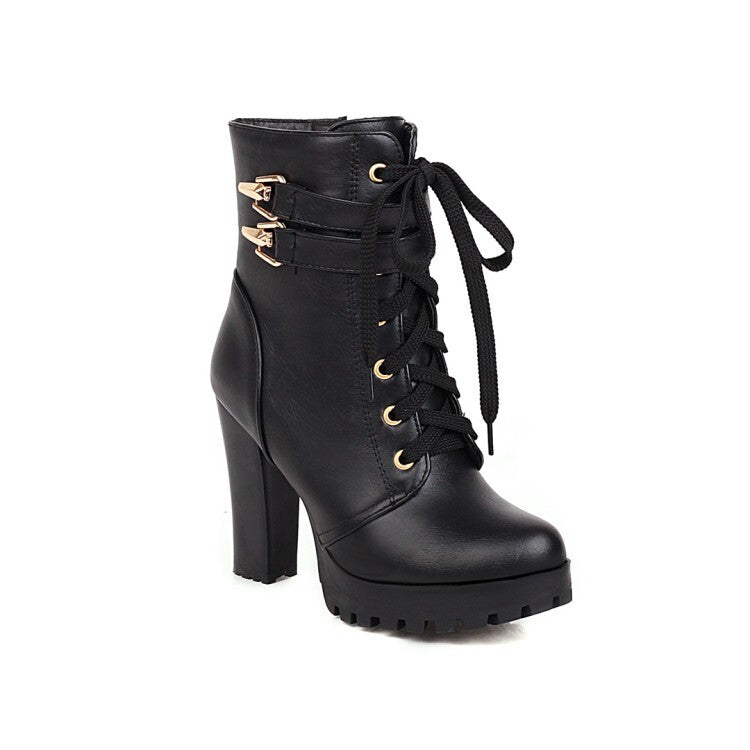 Booties Buckles Lace-Up Block Chunky Heel Platform Short Boots for Women