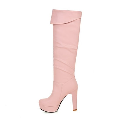 Folded Block Chunky Heel Platform Knee High Boots for Women