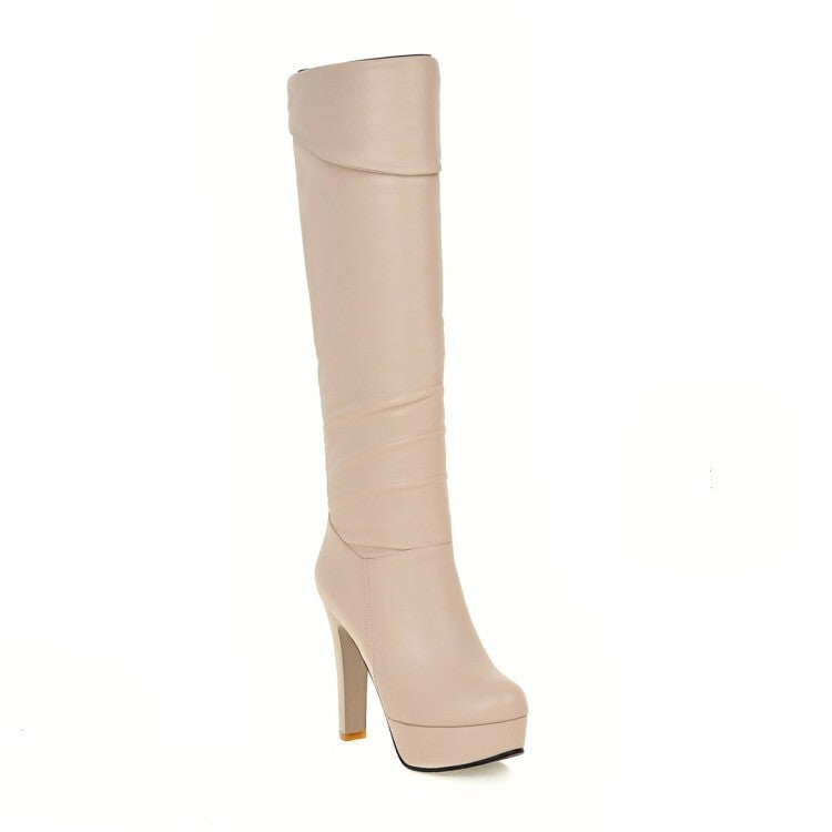 Folded Block Chunky Heel Platform Knee High Boots for Women