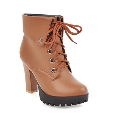 Booties Lace-Up Block Chunky Heel Fold Platform Short Boots for Women