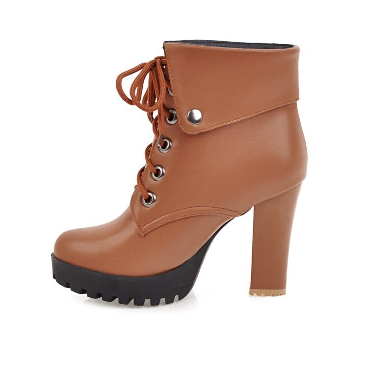 Booties Lace-Up Block Chunky Heel Fold Platform Short Boots for Women