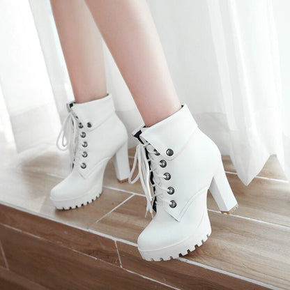 Booties Lace-Up Block Chunky Heel Fold Platform Short Boots for Women