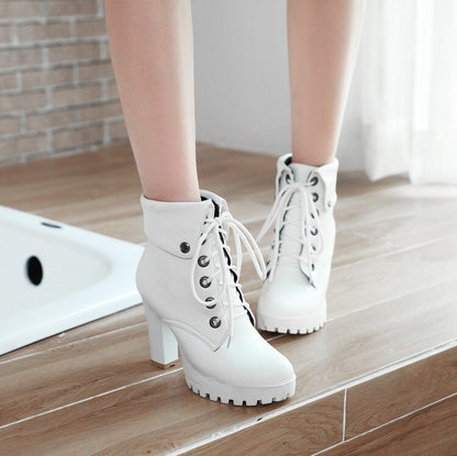 Booties Lace-Up Block Chunky Heel Fold Platform Short Boots for Women