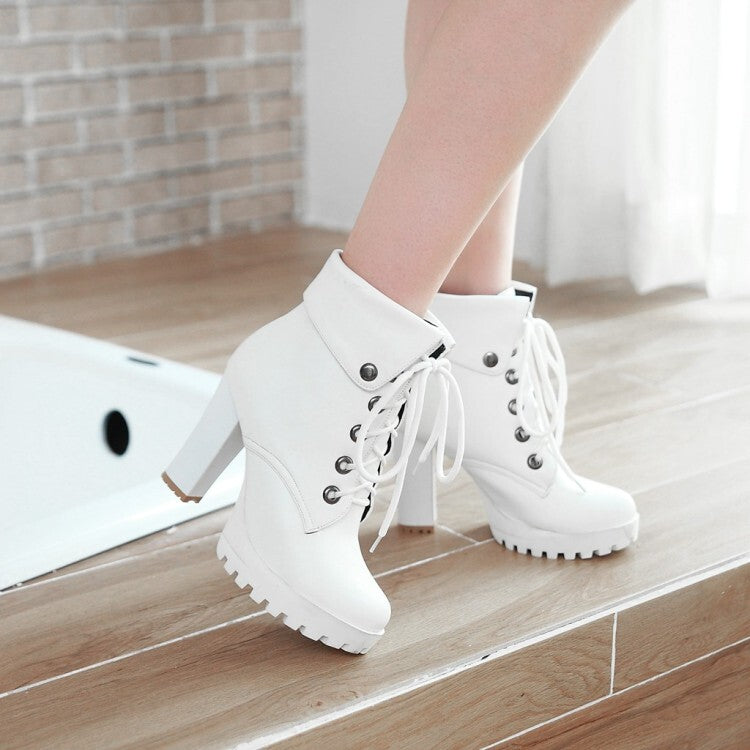 Booties Lace-Up Block Chunky Heel Fold Platform Short Boots for Women