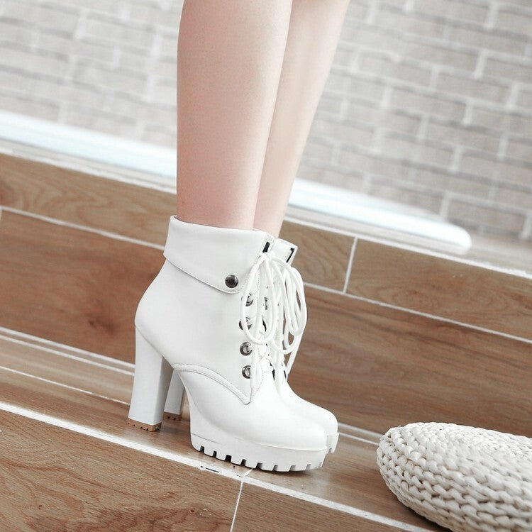 Booties Lace-Up Block Chunky Heel Fold Platform Short Boots for Women