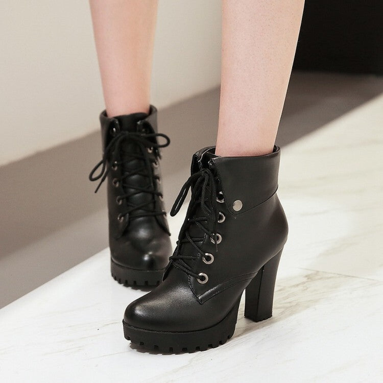 Booties Lace-Up Block Chunky Heel Fold Platform Short Boots for Women