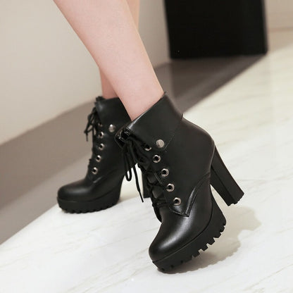 Booties Lace-Up Block Chunky Heel Fold Platform Short Boots for Women