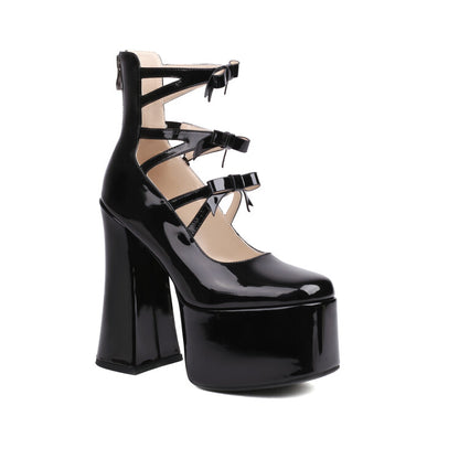 Bow Tie Multi Buckle Straps Block Heel Mary Jane Platform Pumps for Women