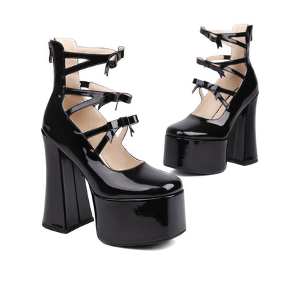 Bow Tie Multi Buckle Straps Block Heel Mary Jane Platform Pumps for Women