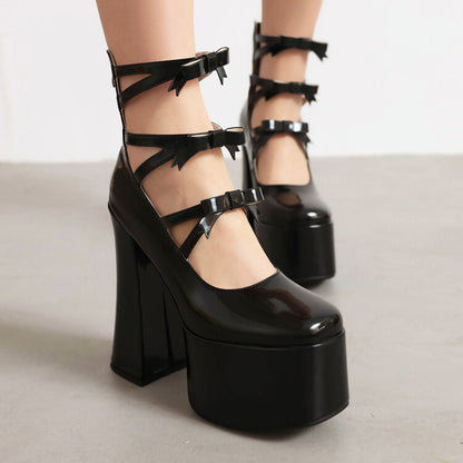 Bow Tie Multi Buckle Straps Block Heel Mary Jane Platform Pumps for Women