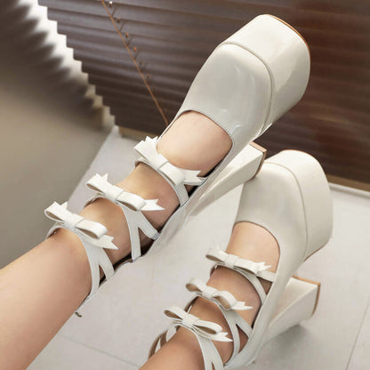 Bow Tie Multi Buckle Straps Block Heel Mary Jane Platform Pumps for Women