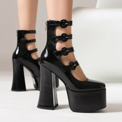 Round Toe Buckle Straps Chunky Heel Mary Jane Platform Pumps for Women