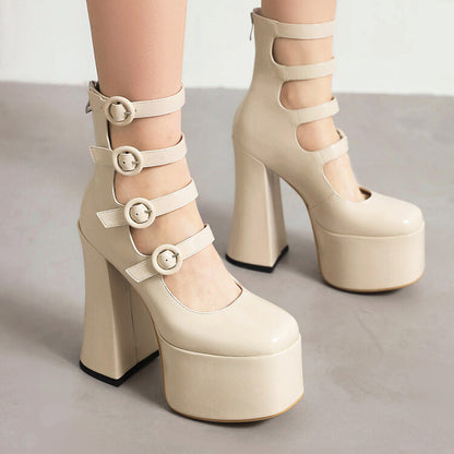 Round Toe Buckle Straps Chunky Heel Mary Jane Platform Pumps for Women